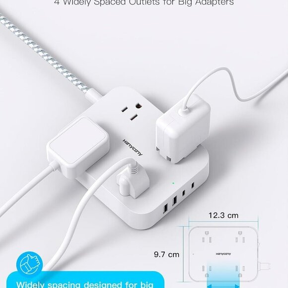 Flat Plug Power Strip 5ft Extension Cord with 4 USB Ports 4 Outlets Wall Mount E - Picture 2 of 2